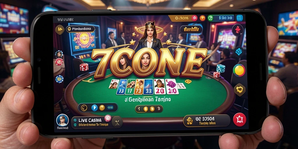 Screenshot 7CONE menampilkan dealer langsung yang interaktif dalam permainan Live Casino.