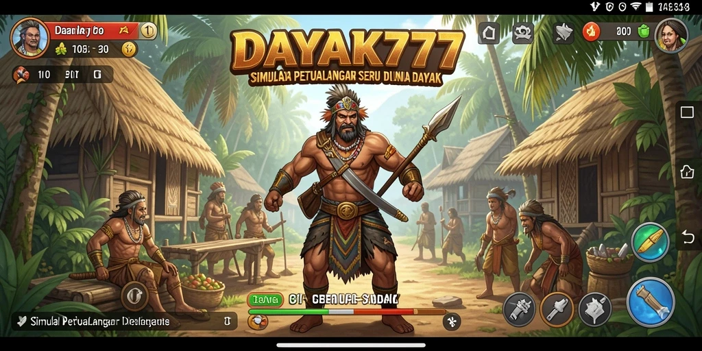Tampilan gameplay DAYAK777 yang menampilkan budaya dan alam Dayak.