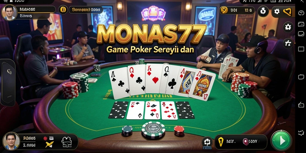 Screenshot gameplay MONAS77 dengan suasana poker yang mendebarkan.