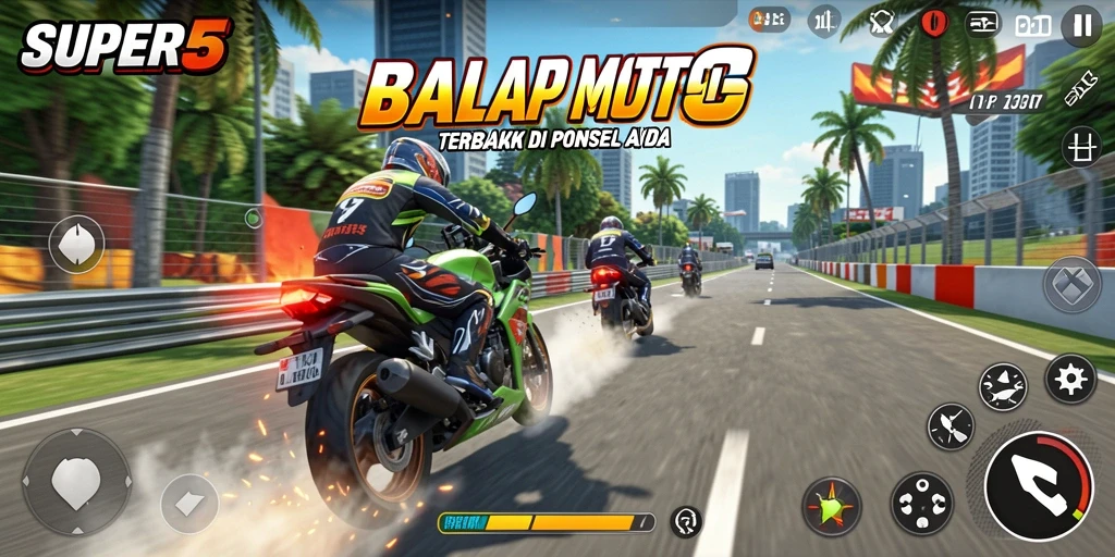 Screenshot SUPER5 menampilkan aksi balap motor yang mendebarkan.